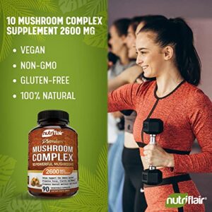 NutriFlair Mushroom Supplement 2600mg, 90 Capsules - 10 Mushrooms Blend - Reishi, Lions Mane, Cordyceps, Chaga, Turkey Tail, Maitake, Shiitake, Oyster Nootropic Complex - Brain, Energy, Focus Pills