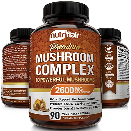 NutriFlair Mushroom Supplement 2600mg, 90 Capsules - 10 Mushrooms Blend - Reishi, Lions Mane, Cordyceps, Chaga, Turkey Tail, Maitake, Shiitake, Oyster Nootropic Complex - Brain, Energy, Focus Pills