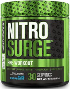 nitrosurge pre workout supplement – energy booster, instant strength gains, clear focus, & intense pumps – nitric oxide booster & powerful preworkout energy powder – 30 servings, blue raspberry