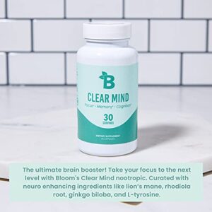 Bloom Nutrition Clear Mind | Nootropic Brain Booster Supplement with Lions Mane Mushroom, Alpha GPC, Ginseng, Ginkgo Bilboa, & Rhodiola Rosea | Supports Mental Clarity, Memory, & Focus | 60 Capsules