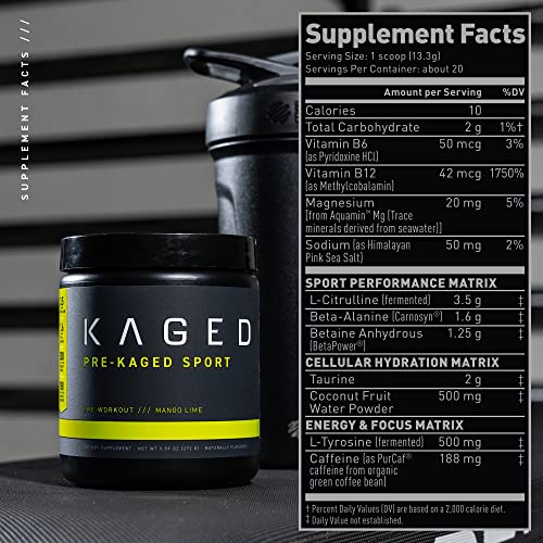 Pre Workout Powder; Kaged Muscle Pre-Kaged Sport Pre Workout For Men And Women, Increase Energy, Focus, Hydration, and Endurance, Organic Caffeine, Plant Based Citrulline, Mango Lime