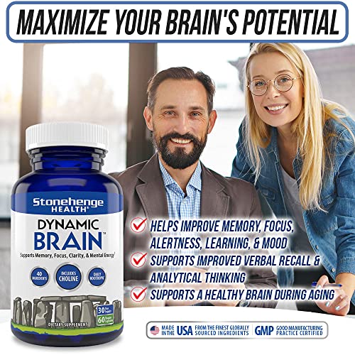 Stonehenge Health Dynamic Brain Supplement – Memory, Focus, & Clarity– Formulated with 40 Unique Nootropic Ingredients: Choline, Phosphatidylserine, Bacopa Monnieri, and Huperzine A