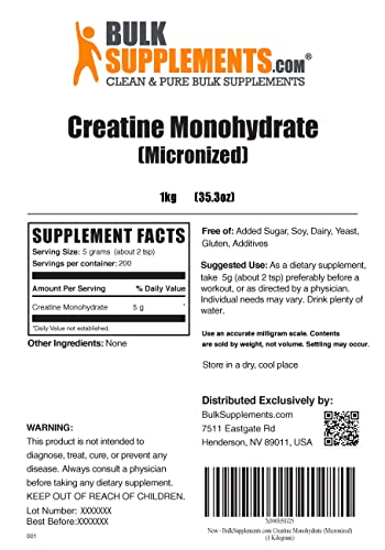 BULKSUPPLEMENTS.COM Creatine Monohydrate Powder - 5g of Micronized Creatine Monohydrate Powder per Serving, Pre Workout Creatine, Vegan Creatine, Creatine for Building Muscle (1 Kilogram - 2.2 lbs)