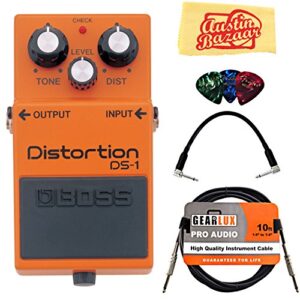 boss ds-1 distortion bundle with instrument cable, patch cable, picks, and austin bazaar polishing cloth