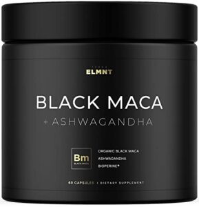 elmnt 40,000mg 40x strength organic black maca root w. ashwagandha – highest potency black maca root capsules for men with 100% pure maca peruana powder organic, gelatinized, non-gmo – 60 pills