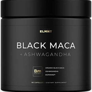 ELMNT 40,000mg 40x Strength Organic Black Maca Root w. Ashwagandha - Highest Potency Black Maca Root Capsules for Men with 100% Pure Maca Peruana Powder Organic, Gelatinized, Non-GMO - 60 Pills