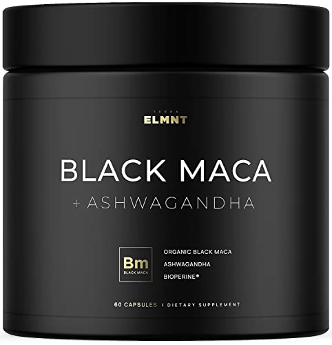 ELMNT 40,000mg 40x Strength Organic Black Maca Root w. Ashwagandha - Highest Potency Black Maca Root Capsules for Men with 100% Pure Maca Peruana Powder Organic, Gelatinized, Non-GMO - 60 Pills