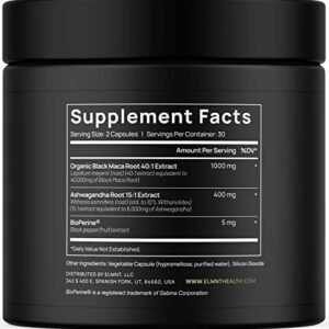 ELMNT 40,000mg 40x Strength Organic Black Maca Root w. Ashwagandha - Highest Potency Black Maca Root Capsules for Men with 100% Pure Maca Peruana Powder Organic, Gelatinized, Non-GMO - 60 Pills