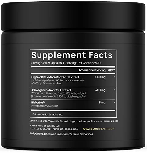 ELMNT 40,000mg 40x Strength Organic Black Maca Root w. Ashwagandha - Highest Potency Black Maca Root Capsules for Men with 100% Pure Maca Peruana Powder Organic, Gelatinized, Non-GMO - 60 Pills