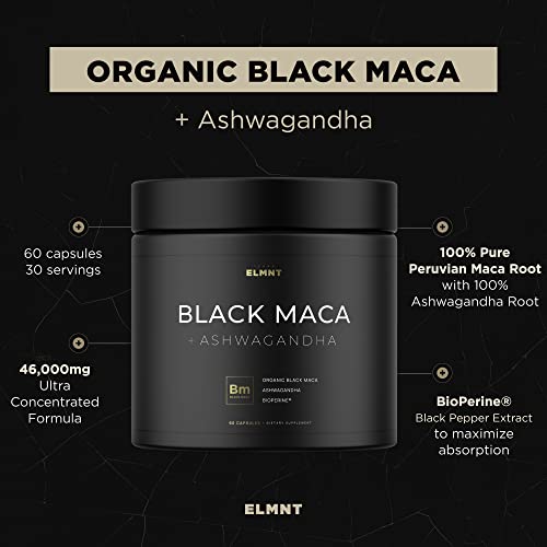 ELMNT 40,000mg 40x Strength Organic Black Maca Root w. Ashwagandha - Highest Potency Black Maca Root Capsules for Men with 100% Pure Maca Peruana Powder Organic, Gelatinized, Non-GMO - 60 Pills