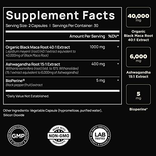 ELMNT 40,000mg 40x Strength Organic Black Maca Root w. Ashwagandha - Highest Potency Black Maca Root Capsules for Men with 100% Pure Maca Peruana Powder Organic, Gelatinized, Non-GMO - 60 Pills