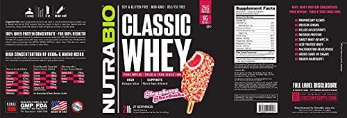 NutraBio Classic Whey Protein Powder- 25G of Protein Per Scoop - Full-Spectrum Amino Acid Profile - No Fillers, Artificial Colors, Preservatives - Low Glycemic Index - Strawberry Shortcake, 2 Pounds