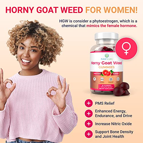 Potent Horny Goat Weed Gummies (60ct 800mg) Horny Goat Weed for Men & Women Epimedium Extract for Natural Energy Boost, Performance, Stamina, Drive - Natural Grapefruit Flavor [Upgraded Gummies]