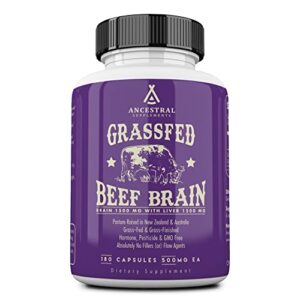 ancestral supplements grass fed beef brain supplement with beef liver, 3000mg, whole food brain support for brain, mood & memory health, brain & liver health formula capsules, non-gmo, 180 capsules