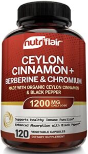 nutriflair ceylon cinnamon, berberine hcl, chromium, black pepper extract (made with true ceylon cinnamon) – 1200mg per serving, 120 capsules – lipid levels, antioxidant