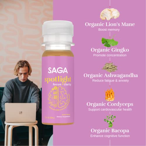 SAGA Spotlight Mushroom Energy Shots, Nootropic & Adaptogen Brain Focus, Cognitive Supplement Functional Beverage with Organic Lion’s Mane, Cordyceps, Gingko and Bacopa, Vegan, Exotic Guava, 6 Pack