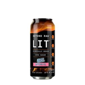 BEYOND RAW Lit On-The-Go | Ready to Drink Cans | Contains Caffeine, L-Citruline, and Beta-Alanine | Nitrix Oxide Preworkout Supplement | Jolly Rancher Watermelon | 12 Cans