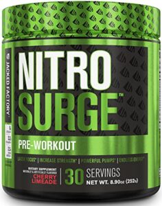 nitrosurge pre workout supplement – endless energy, instant strength gains, clear focus, intense pumps – nitric oxide booster & powerful preworkout energy powder – 30 servings, cherry limeade