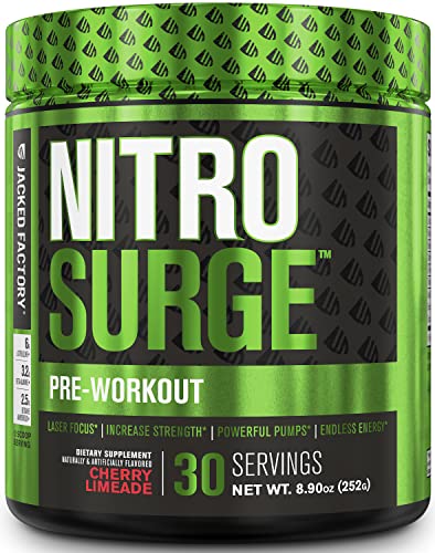 NITROSURGE Pre Workout Supplement - Endless Energy, Instant Strength Gains, Clear Focus, Intense Pumps - Nitric Oxide Booster & Powerful Preworkout Energy Powder - 30 Servings, Cherry Limeade