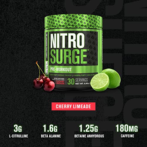 NITROSURGE Pre Workout Supplement - Endless Energy, Instant Strength Gains, Clear Focus, Intense Pumps - Nitric Oxide Booster & Powerful Preworkout Energy Powder - 30 Servings, Cherry Limeade