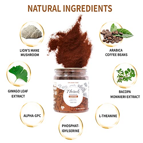 Instant Mushroom Coffee Mix, with Lion’s Mane Mushroom (30% Beta-glucans), Ginkgo, Alpha-GPC, Bacopa, PS, L-Theanine, Medium Roast Arabica Coffee Powder - 24 Servings