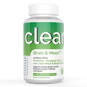 clear probiotics brain and mood – brain fog – brain cell generation and growth – improved mental acuity – memory – balanced microbiome – ginkgo biloba – lions – mane – 60 count