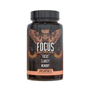 huge supplements focus, science-backed nootropic & brain formula with lion’s mane mushroom, alpha gpc, and l-tyrosine to boost focus, clarity & natural energy, 240 capsules