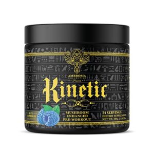 ambrosia kinetic organic preworkout, mushroom enhanced natural pre workout supplement, nootropic superfood powder for energy (blue raspberry)