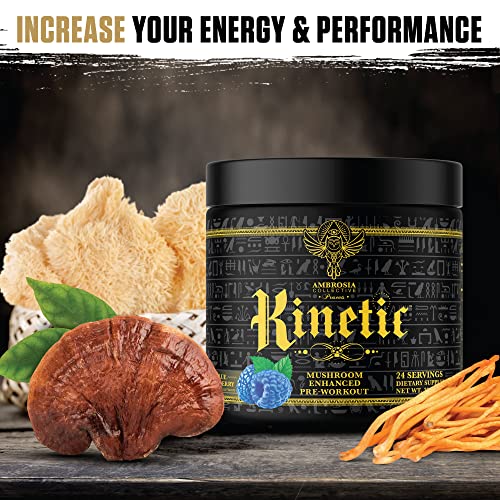 Ambrosia Kinetic Organic Preworkout, Mushroom Enhanced Natural Pre Workout Supplement, Nootropic Superfood Powder for Energy (Blue Raspberry)