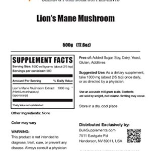 BULKSUPPLEMENTS.COM Lion's Mane Mushroom Extract Powder - Herbal Extract Supplement for Immune Support - Gluten Free - 500mg per Serving, 1000 Servings (500 Grams - 1.1 lbs)