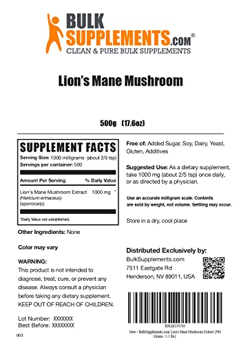 BULKSUPPLEMENTS.COM Lion's Mane Mushroom Extract Powder - Herbal Extract Supplement for Immune Support - Gluten Free - 500mg per Serving, 1000 Servings (500 Grams - 1.1 lbs)