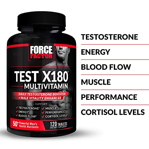 Test X180 Multivitamin for Men Plus Testosterone Support with All 13 Essential Vitamins, for Muscle, Strength, Men’s Health, and Performance, Daily Multivitamin for Adults, Force Factor, 120 Tablets