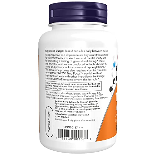 NOW Supplements, True Focus™ with Amino Acids, Ginkgo, DMAE + CoQ10 and Grape Seed Extract , 90 Veg Capsules