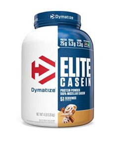 dymatize elite casein protein powder, slow absorbing with muscle building amino acids, 100% micellar casein, 25 g protein, 5.4 g bcaas & 2.3 g leucine, helps overnight recovery, cinnamon bun, 64 oz