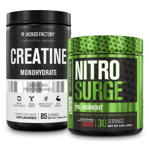 Nitrosurge Pre-Workout & Creatine Monohydrate - Pre Workout Powder With Creatine for Muscle Growth, Increased Strength, Endless Energy, Intense Pumps - Cherry Limeade Preworkout & Unflavored Creatine