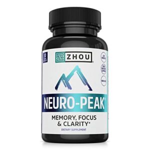 zhou neuro peak brain support supplement | memory, focus & clarity formula | dmae, rhodiola rosea, bacopa monnieri, ginkgo biloba & more | 30 vegcaps