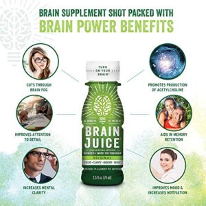 BrainJuice Brain Booster Shot, Original Peach Mango | Brain Support Supplement with Alpha GPC, B5, B6, B12 | Improved Energy, Memory, Focus, Clarity, & Mood | Gluten-Free, Non-GMO | 2.5 fl oz, 12 Pack