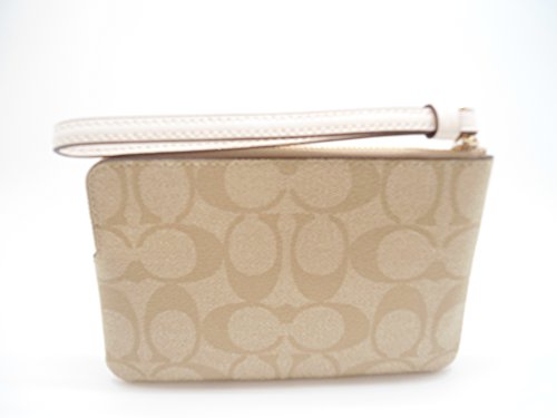 Coach Signature PVC Leather Corner Zip Wristlet, Light Khaki, Chalk