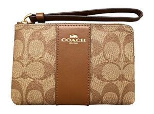 coach signature pvc leather corner zip wristlet, medium, khaki/saddle