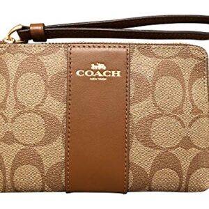 COACH SIGNATURE PVC LEATHER CORNER ZIP WRISTLET, Medium, Khaki/Saddle