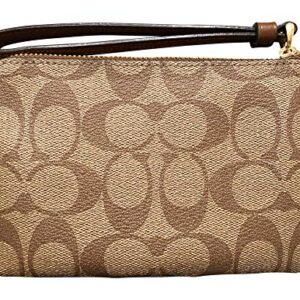 COACH SIGNATURE PVC LEATHER CORNER ZIP WRISTLET, Medium, Khaki/Saddle