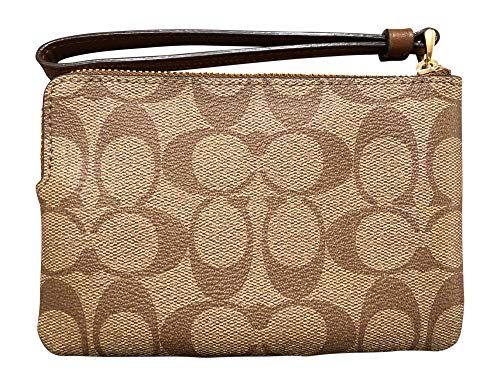 COACH SIGNATURE PVC LEATHER CORNER ZIP WRISTLET, Medium, Khaki/Saddle