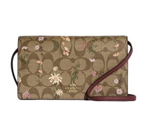 coach women’s anna foldover crossbody clutch (signature canvas – wildflower print – khaki)