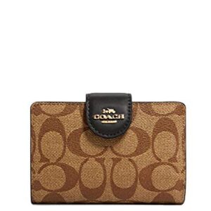 COACH Signature Medium Leather Corner Zip Wallet in Khaki-Black, Style C0082