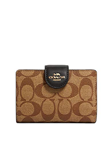 COACH Signature Medium Leather Corner Zip Wallet in Khaki-Black, Style C0082