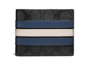 coach men’s 3-in-1 wallet in signature canvas with varsity stripe (charcoal – denim – chalk)