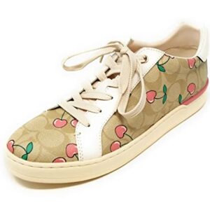 COACH Women's Clip Low Top Sneakers (Signature Canvas - Heart Cherry Print - Khaki/Pink, us_Footwear_Size_System, Adult, Women, Numeric, Medium, Numeric_9)