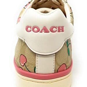 COACH Women's Clip Low Top Sneakers (Signature Canvas - Heart Cherry Print - Khaki/Pink, us_Footwear_Size_System, Adult, Women, Numeric, Medium, Numeric_9)