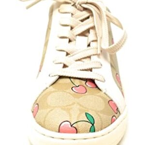COACH Women's Clip Low Top Sneakers (Signature Canvas - Heart Cherry Print - Khaki/Pink, us_Footwear_Size_System, Adult, Women, Numeric, Medium, Numeric_9)