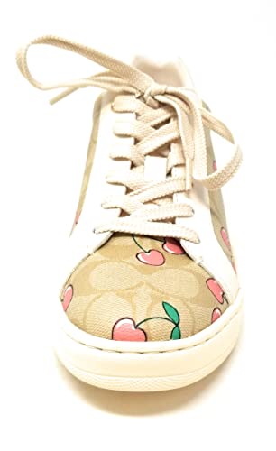 COACH Women's Clip Low Top Sneakers (Signature Canvas - Heart Cherry Print - Khaki/Pink, us_Footwear_Size_System, Adult, Women, Numeric, Medium, Numeric_9)